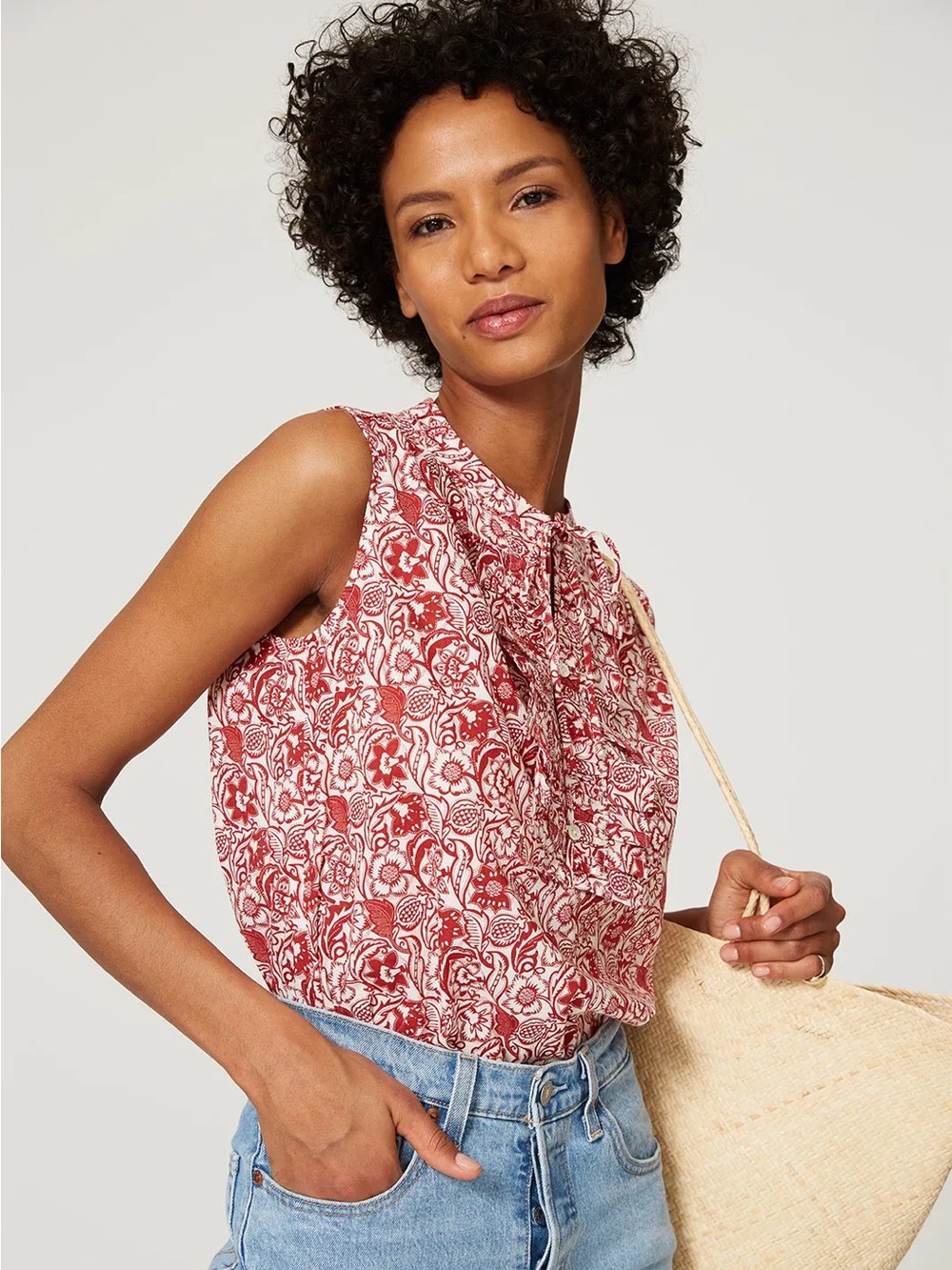 Derek Lam Red Floral Sleeveless Tie-Neck Top